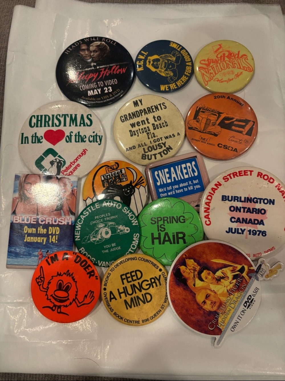 Source Unknown Assorted Promotional Buttons - Green, Orange, Yellow, White, Blue